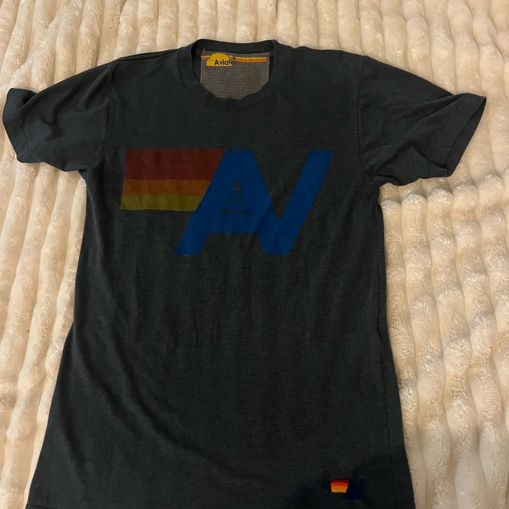 Aviator Nation Charcoal Tee with Rainbow and Blue Graphic